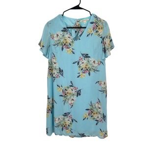 Blue Floral Shift Dress M Short Sleeve Casual Boho Cottagecore Romantic Indie
